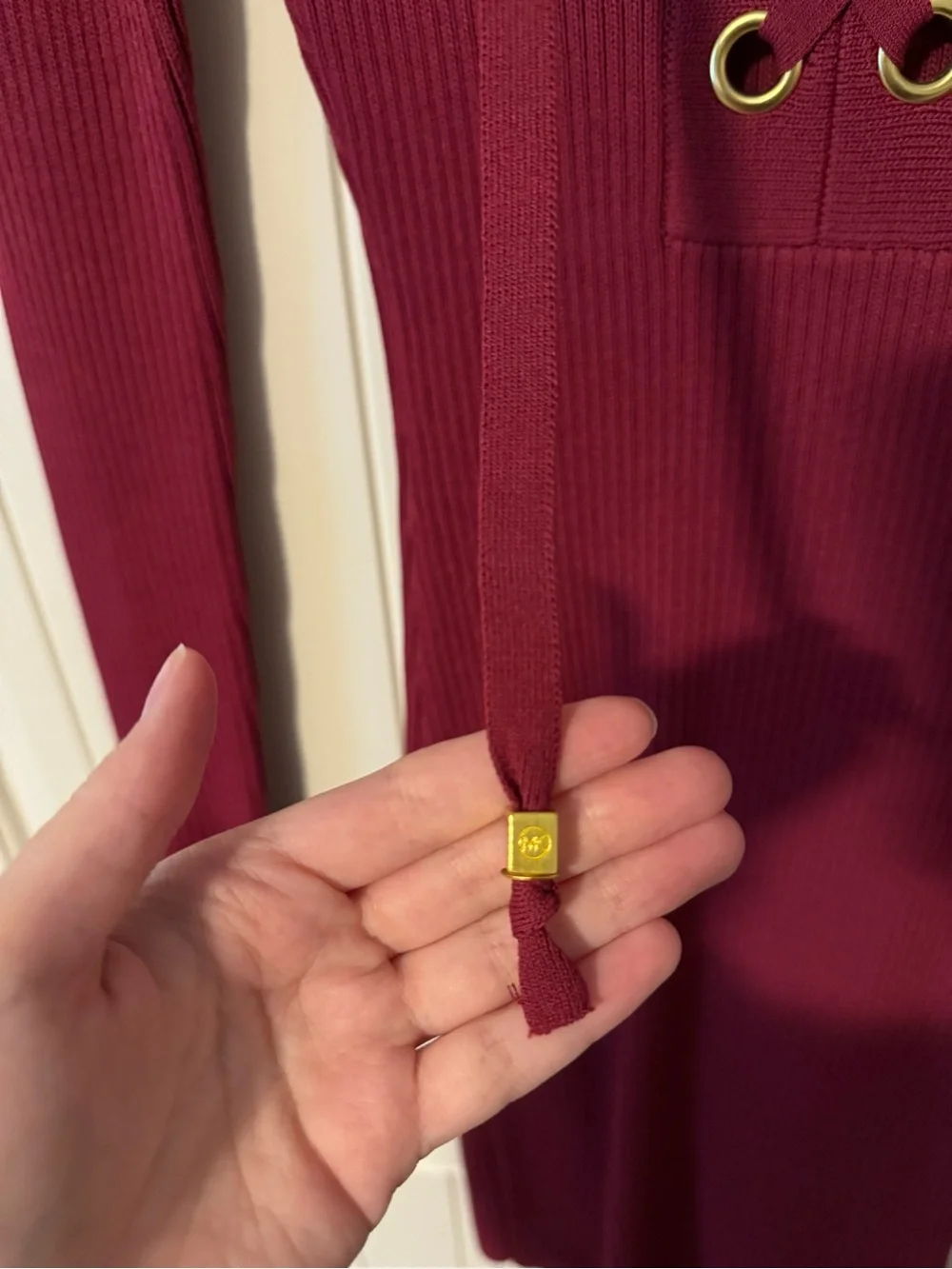 Michael Kors Burgundy Ribbed Lace-Up Long Sleeve Dress